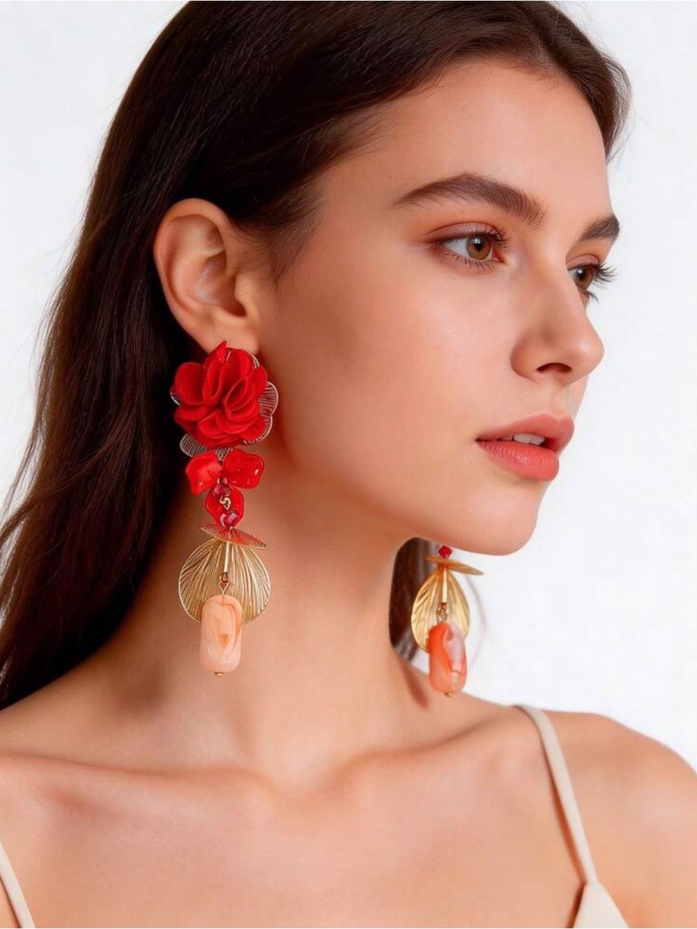 Red Floral Statement Earrings | Boho Flower Dangle Earrings